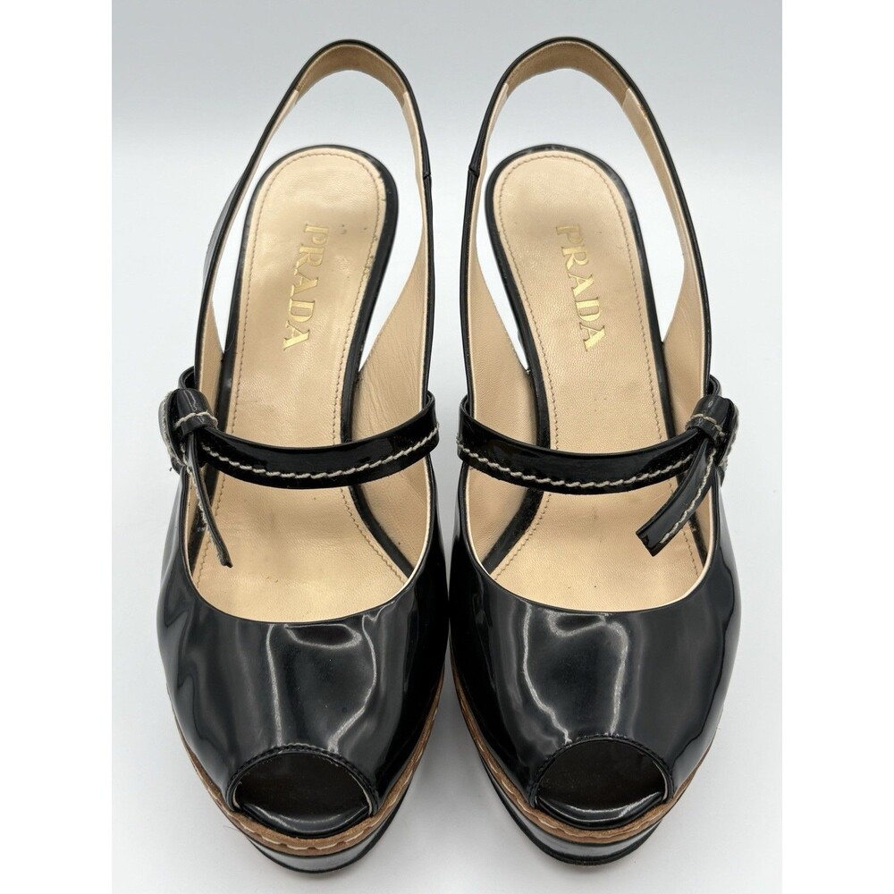 Prada S/S 2009 Black Patent Leather Heels Ribbon Detail Peep Toe Sz EU 34.5 - Picture 5 of 13
